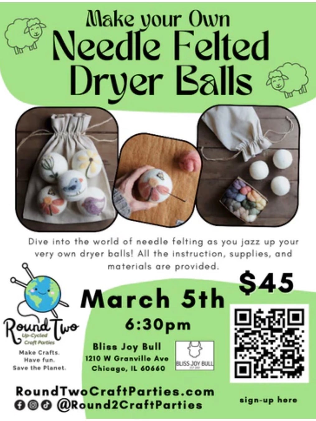 Needle felted dryer ball class from BLISS JOY BULL