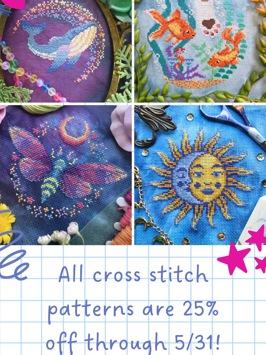 All cross stitch patterns 25% off through 5/31/26 from BAD Stitch